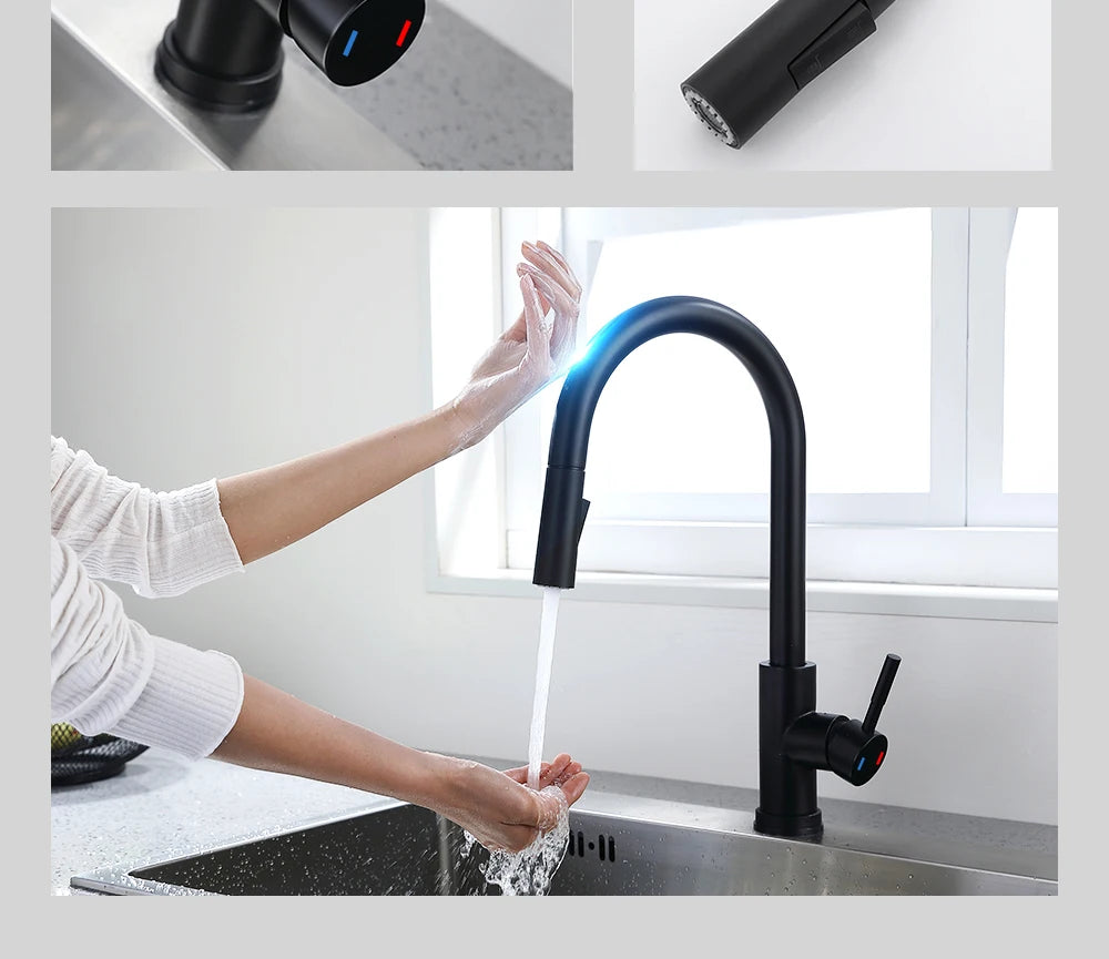 Just Arrived Kitchen Bathroom Motion Sensor Faucet Pull Out  Black/Brushed Nickle Color Large Area Sensor Stainless Steel Black Smart Induction Mixed Tap Touch Control Sink Tap Home Office Hotels