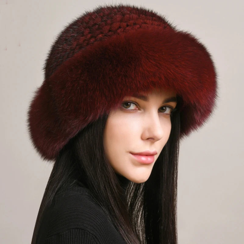 New Arrivals Real Mink Fox Fur Siberian Style Women Girls Winter Warm Snow Clothes Accessories Supplies Luxury Knitted Bomber Hat Natural Fox Fur Cap Quality Soft 100% Genuine Mink Fur Hats Female Ladies Luxury Fashion Clothi