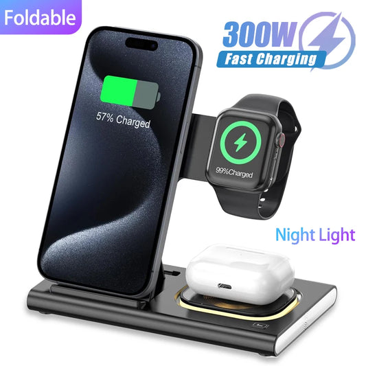 NEW Arrivals 300W Foldable 3 In 1 Wireless Charger Stand Pad Desktop Fast Charging Station For iPhone 16 15 14 13 Samsung Apple Watch Air Pods Mobile Phones Accessories Electronic Supplies