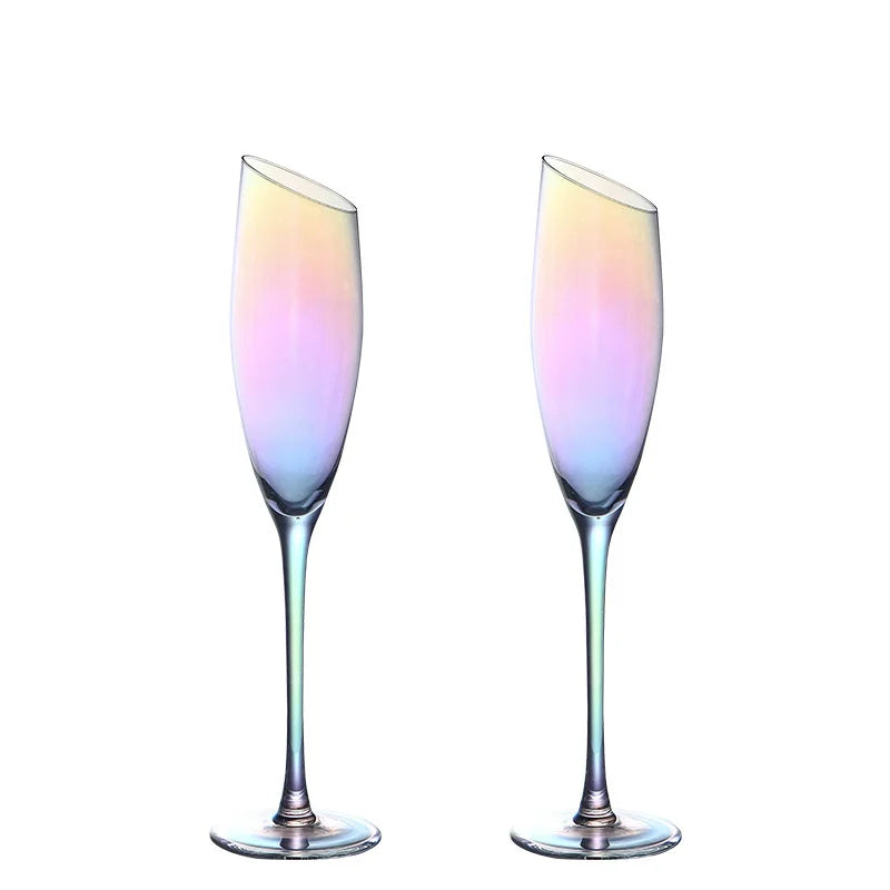 2 PCS Set Color Pearl Luxury Crystal Wine Glass Wedding Party Glassware Drink Cup Plating Rainbow Oblique Bordeaux Goblet Champagne Flutes