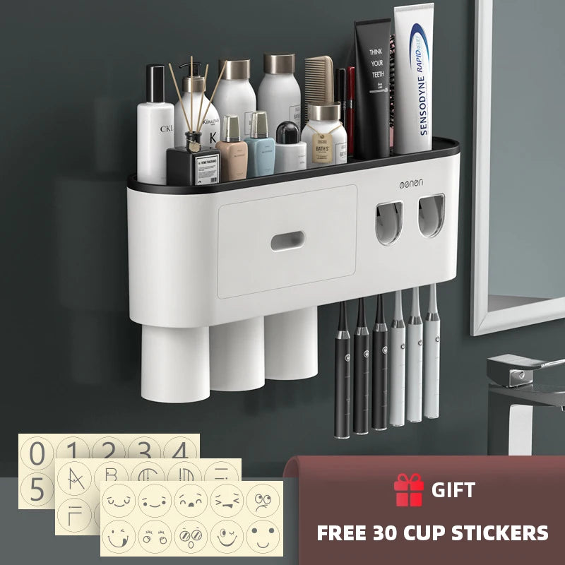 NEW Arrivals  Wall Mounted 5 Cups Toothbrush Holder Magnetic Adsorption Inverted Toothpaste Squeezer Double Automatic Toothpaste Dispenser Bathroom Accessories