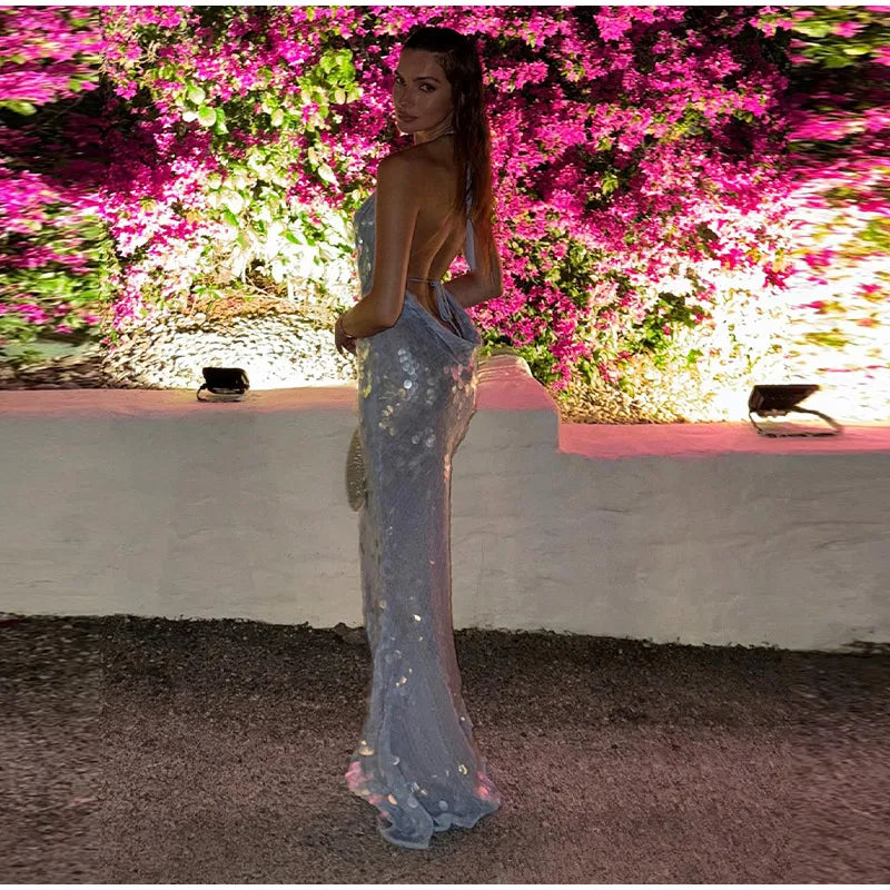 NEW Arrivals UK Size Beaded Sequins Backless Luxury Long Dresses Women Sexy Lace Up Slim Halter Evening Beach Party Night Club Glitter Dress Lady Elegant Summer Shinny Gown