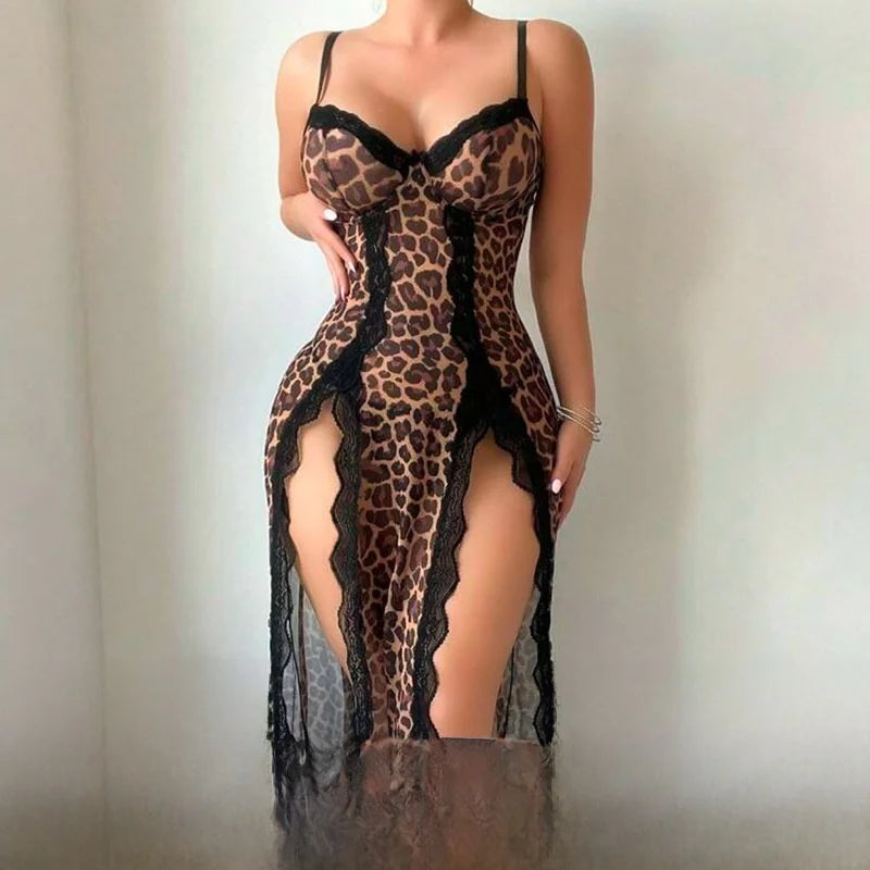 NEW Arrivals S-XL Size Blue/Brown Color Sexy Leopard Lace Mesh Long Sleeve V-Neck Home Sleepwear Set Strapless High Slit Comfortable Breathable Women Sexy Nightgown Nightdress