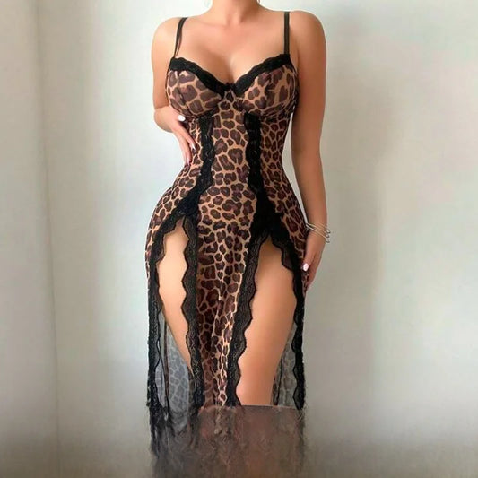 NEW Arrivals S-XL Size Blue/Brown Color Sexy Leopard Lace Mesh Long Sleeve V-Neck Home Sleepwear Set Strapless High Slit Comfortable Breathable Women Sexy Nightgown Nightdress
