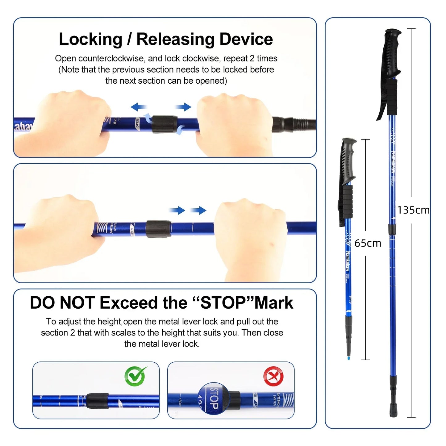 2 PCS Set 70-135cm (Length)Climbing Mountaineering Anti Shock Adjustable Hiking Trekking Poles Lightweight Aluminum Walking Sticks 3-Section Telescopic Non-Slip Iced Snow Hiking Camping Sport Activities Accessories
