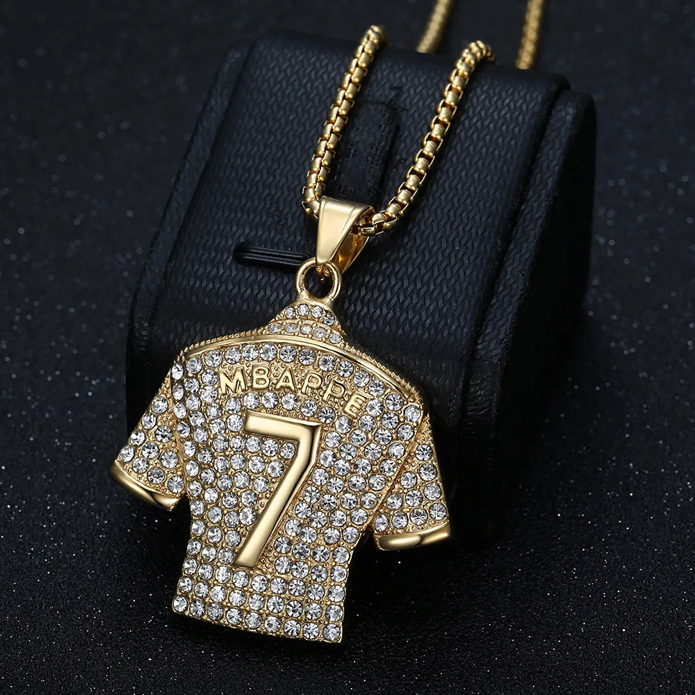 Fashion Football Jersey Messi Cristiano Ronaldo Neymar Mbappé Harland Rhinestone Necklaces + 60cm Gold Chain Men Stainless Steel Soccer Fans Hip Hop Jewelry Accessories