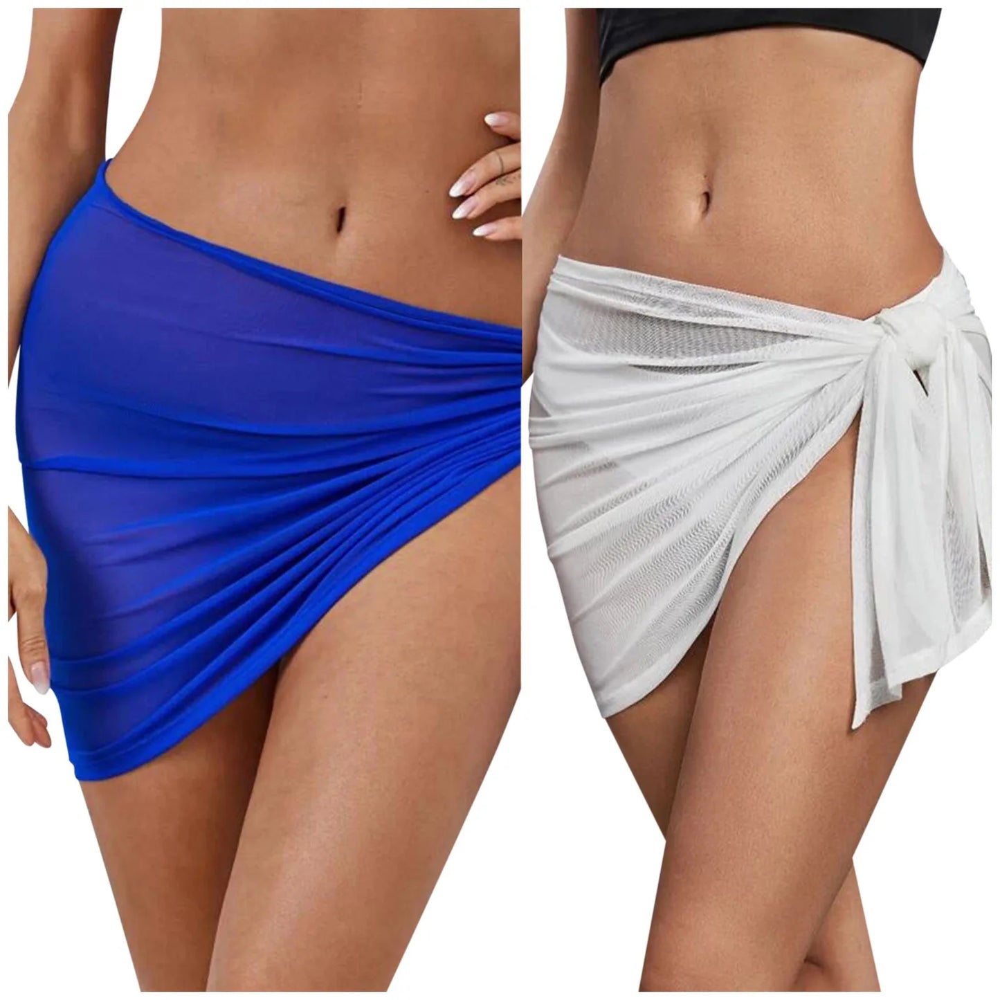 2 PCS Set Women Girls Beach Mini Sarong Skirt Summer Ultra Thin Sheer Mesh Bandage Cover Ups Women Swimwear Solid Color Sunscreen Scarf Pareo Female Ladies Summer Swimming Fashion Apparel Supplies