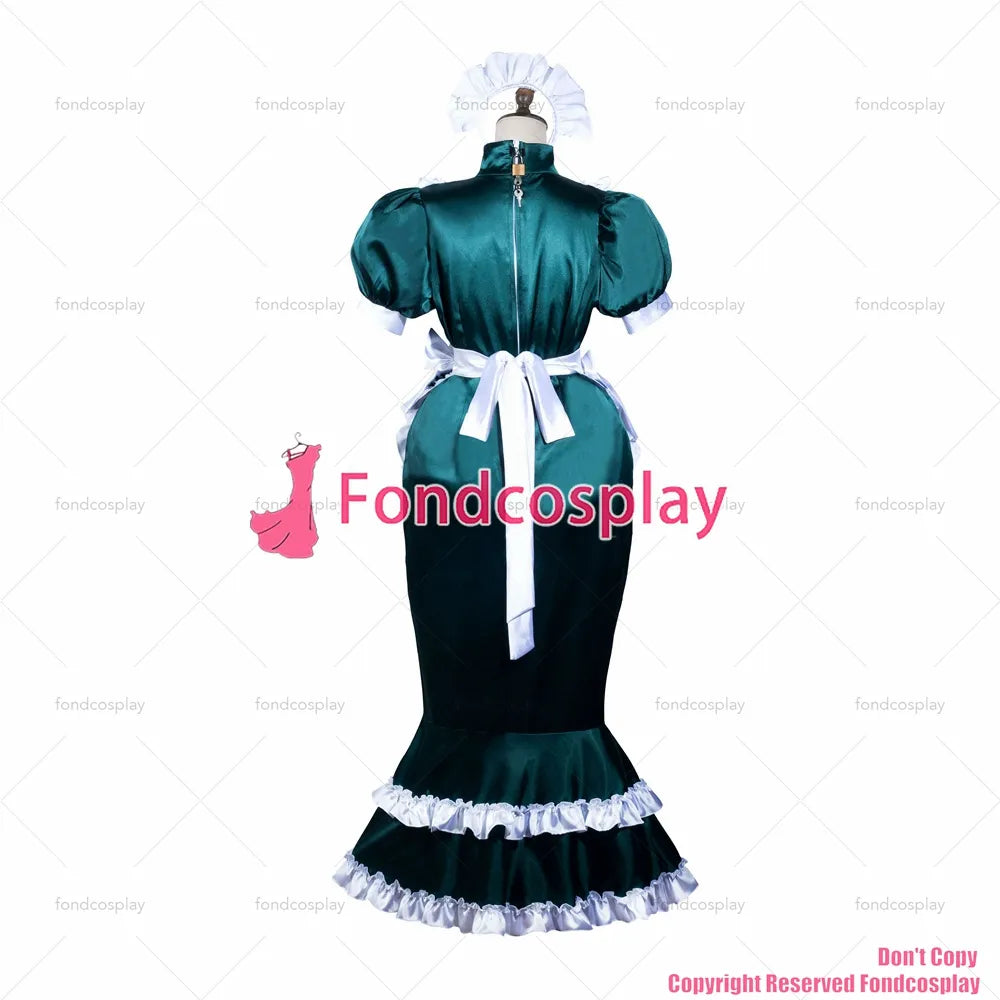 fondcosplay sexy cross dressing sissy maid long lockable Dark green Satin dress white apron Fish Tail CD/TV[G3824]