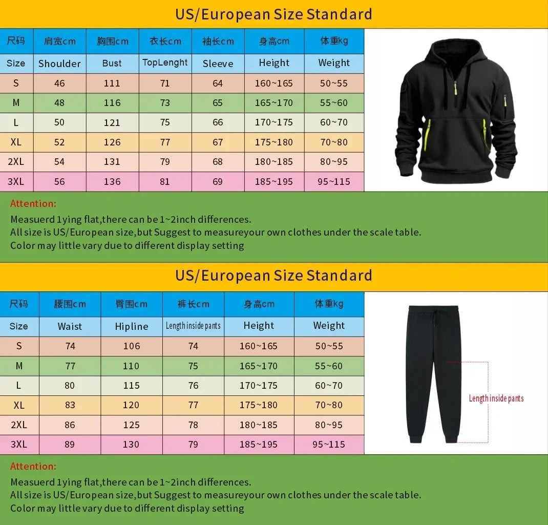 NEW Arrivals 2PCS Set S-3XL 8 Colors Autumn and Winter Men's New Multi-Pocket Zipper European Size Warm Long-Sleeved Hooded Sweatshirt + Pants Gym Fitness Suit Male Men Sports  Casual Fashion Apparel Supplies