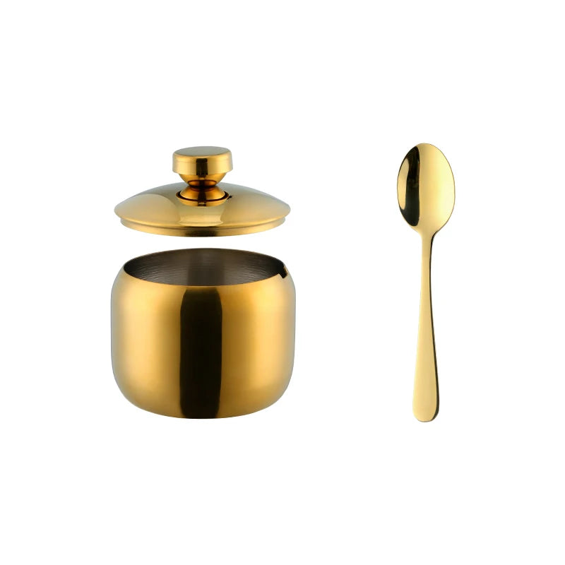 3 PCS Luxury Set + 3 Matching Spoons 304 Stainless Steel Gold Seasoning Condiment Pot Set Spice Salt Sugar Container Pepper Jar Tool with Lid and Spoon Holder Rack Home Tableware Tools Sets