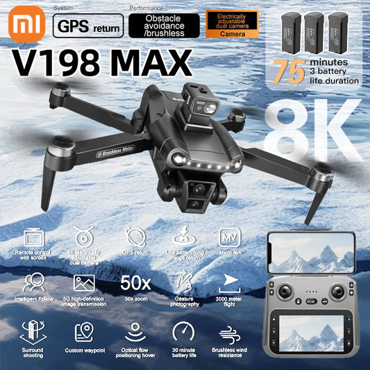 NEW Xiaomi V198MAX GPS Drone 8K Professional Camera Laser Video Recording Aerial FPV Brush Laser Obstacle with Large Screen Remote Control Folding Drone + 3 Batteries Set