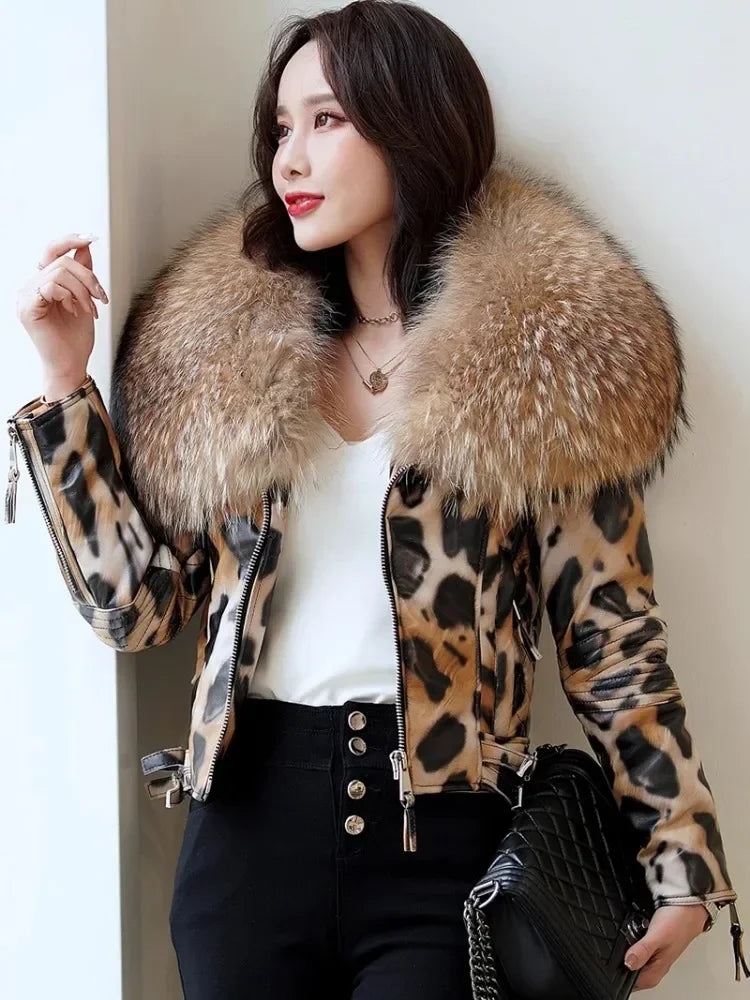 NEW Arrivals S-3XL  Real Raccoon Fur Collar Luxury Winter Women Genuine Leather Short Brand Women Sheepskin Leopard Motorcycle Jacket Big Fur Collar Slim
