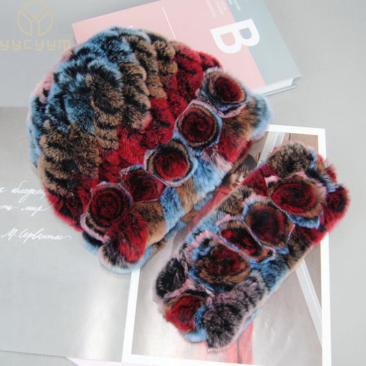 New Arrivals Women Fashion Real Fur Hats Scarves Sets Women Winter Knitted Real Rex Rabbit Fur Hat Scarf Ladies Natural Fur Hats Mufflers Sets Female Girls Luxury Fashion Clothing Products