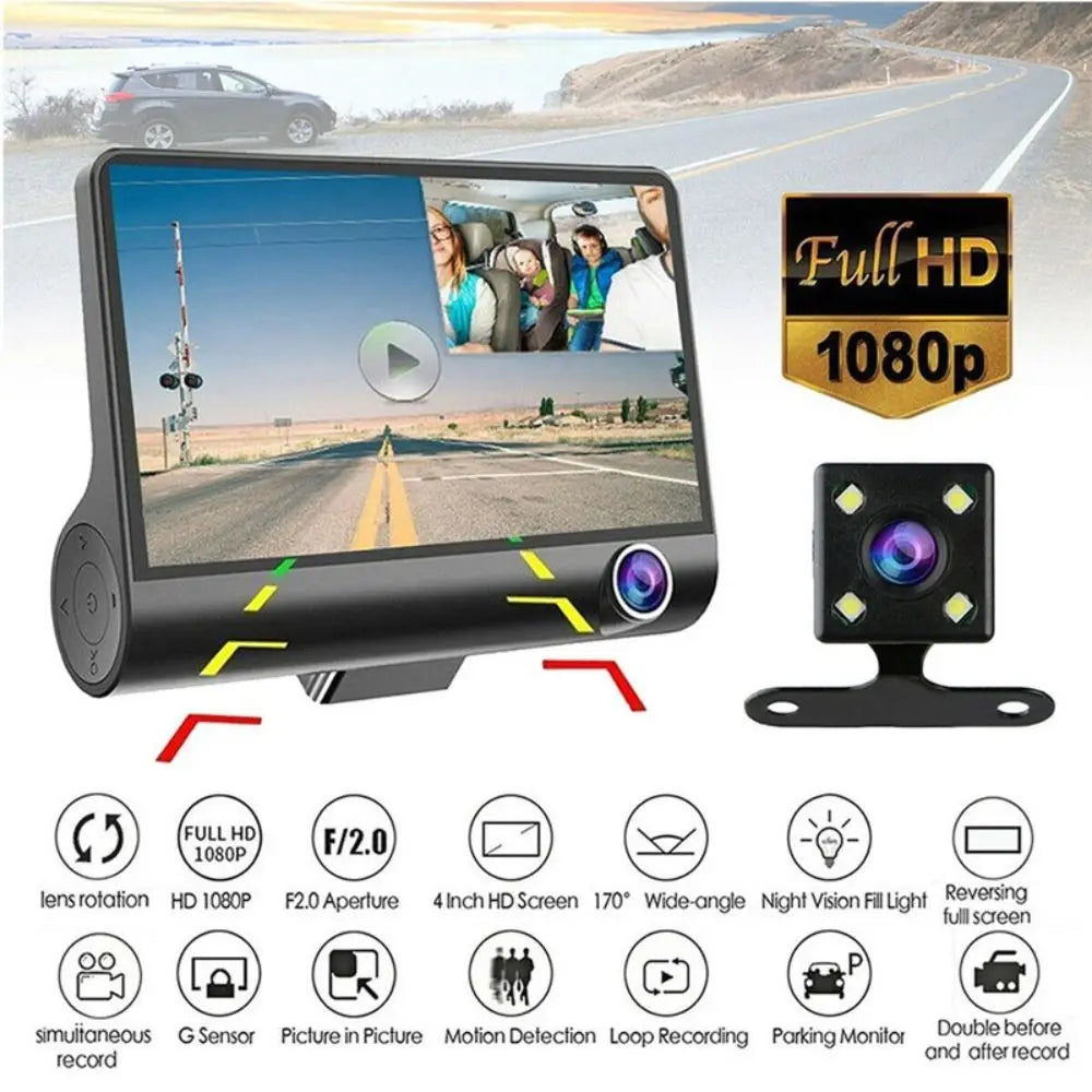 New 1080P 3-Lens Dash Cam Full HD 170° Wide Angle Car DVR Recorder G-Sensor Rear Camera for Car