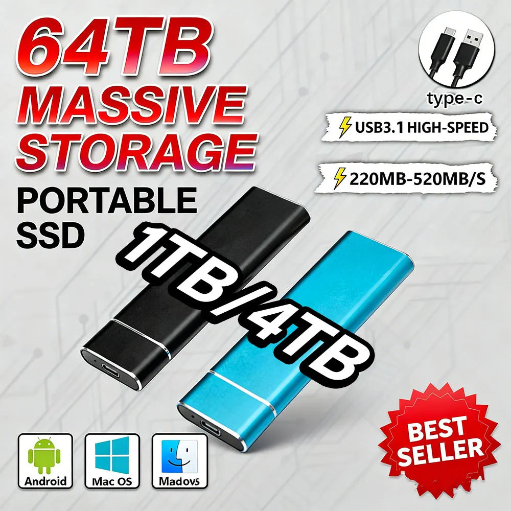 30/64TB High Speed Fast Transmission Travel Wireless Solid State Drive Original External Hard Drive Portable SSD Efficient Large Capacity External Hard Drive Suit PC Laptop Desktop Computer Accessories