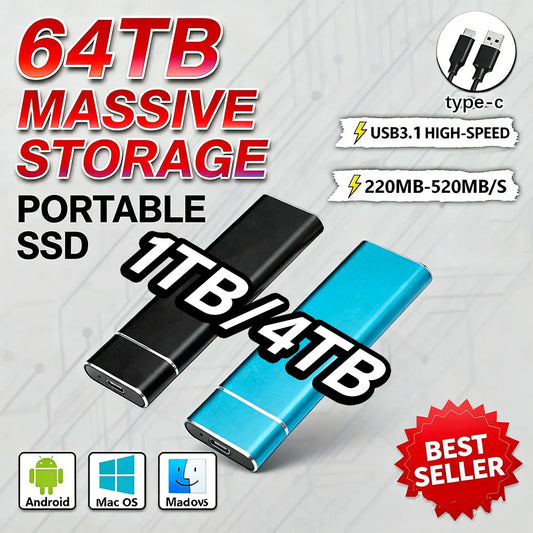 30/64TB High Speed Fast Transmission Travel Wireless Solid State Drive Original External Hard Drive Portable SSD Efficient Large Capacity External Hard Drive Suit PC Laptop Desktop Computer Accessories