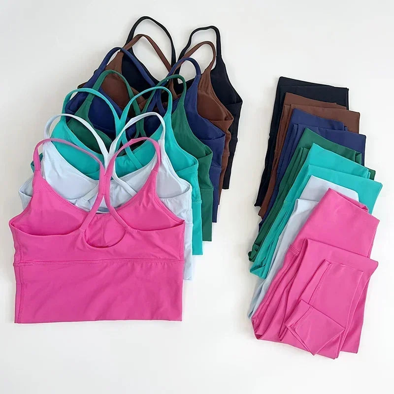 2 PCS Yoga Set 7 Colors Sportswear Fitness Suits Sexy Cross Back Yoga Tops Elasticity High Waist Leggings Running Sports Clothing👚👍️