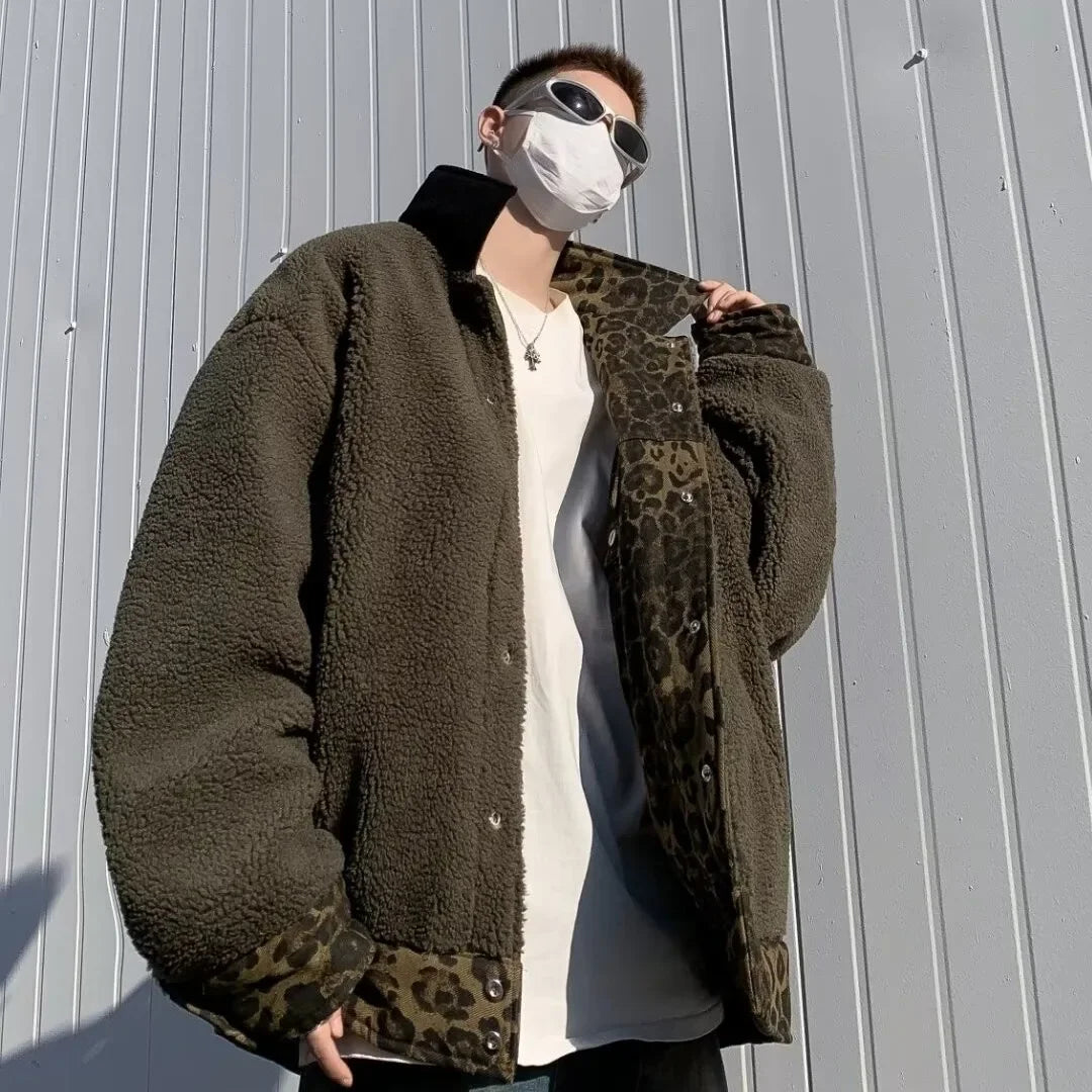 MEN High Quality Luxury Leopard Padded Double-Sided Thicken Jacket Men Fashion Supplies Vintage Winter Snow Clothes Products Lambswool Warm Coat American Loose Warm Parkas Hip Hop Outwear Men Luxury Fashion Clothing Supplies