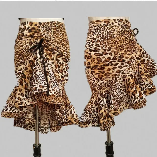 NEW Arrivals S-3XL Leopard  Women Classic Latin Dance Costumes Asymmetrical Ruffle Mermaid Skirt Lady Salsa Cha-cha Tango Rumba Girls Dress Ballroom Competition Dancing Ladies Dresses