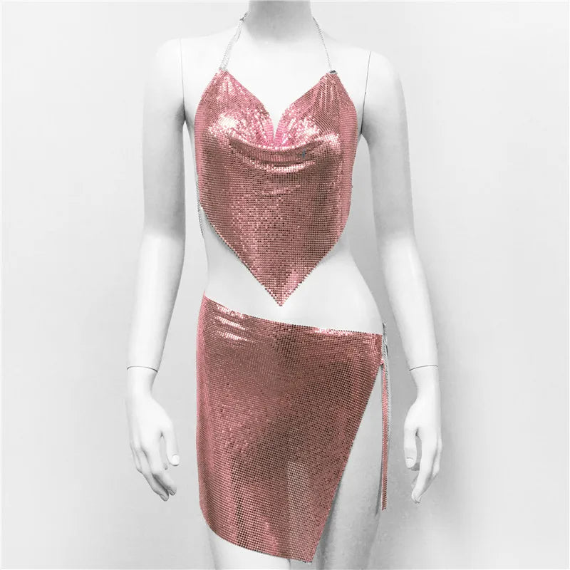 NEW Arrivals 2PCS Set Sexy Metal Sequins Matching Sets for Women Backless Tank Tops Slit Mini Skirt Festival Rave Beach Party Outfits Nightclub Party Bod Girls Sexy Fashion Clothing Supplies