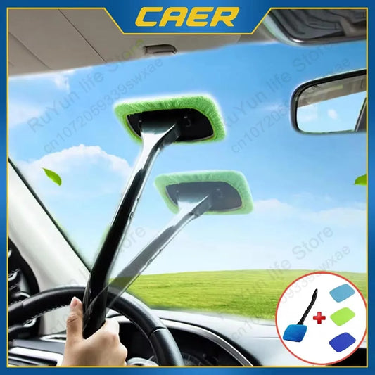 NEW 4PCS Set Car Window Defogging Cleaner Brush Kit Microfiber Windshield Cleaning Tool Auto Interior Glass Wash Wiper Long Handle Reusable Cloth Pads Car Cleaning Accessories