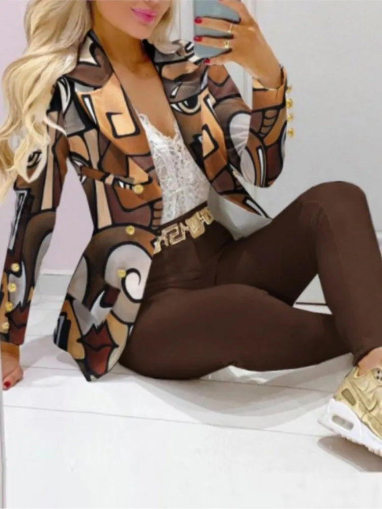 NEW Arrivals 2PCS Set 12 Patterns/Colors Autumn Winter Luxury Italian Suit Long Sleeve Blazer Women's Suit Fashion Color Matching Slim Elegant Female Office Lady Night Business Suit Ladies Luxury Fashion Clothing Supplies