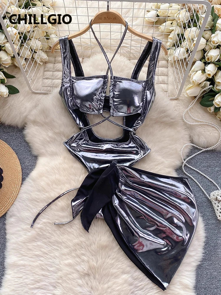 Just Arrived Gold/Silvery Color Women Sexy Metallic Feeling Jumpsuits Skirts Clothing Sets Hollowed Bandage Halter Rompers Combi-Pants Tracksuit Tight Bodysuits Evening Beach Party Night Clubwear Suit