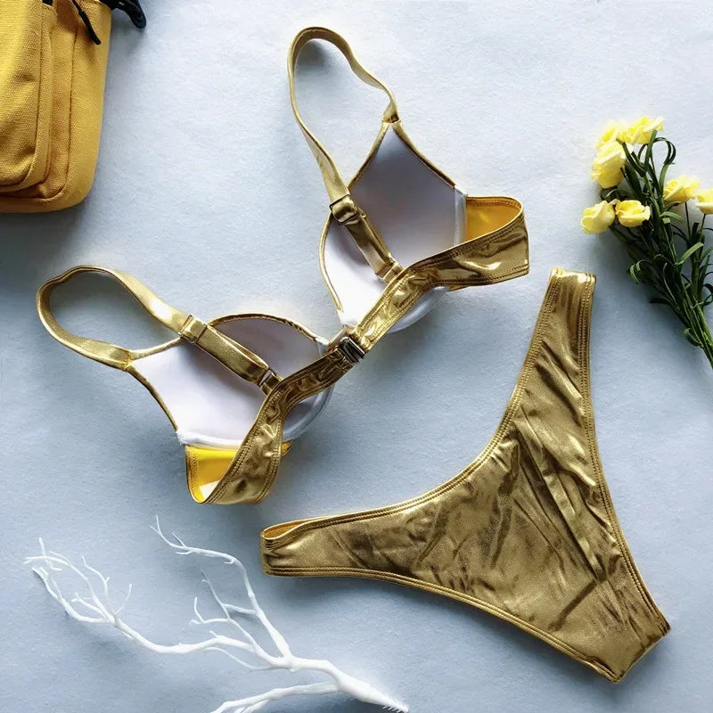 NEW Arrivals 4 Colors Sexy Ladies Metallic Summer Push Up Padded Bra Bathing Suit Beach Wear Women Sexy Thong Bikini Set Silver Gold Swimwear Suit