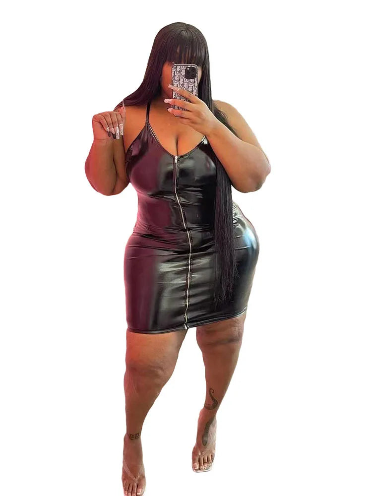 NEW Arrivals XL-5XL Plus Size High Quality Dresses Woman Girls Leather Bodycon Night Clubwear Dress PU Sling Sexy Short Dress Evening Outwear Outfits Female Ladies Luxury Fashion Clothing Supplies