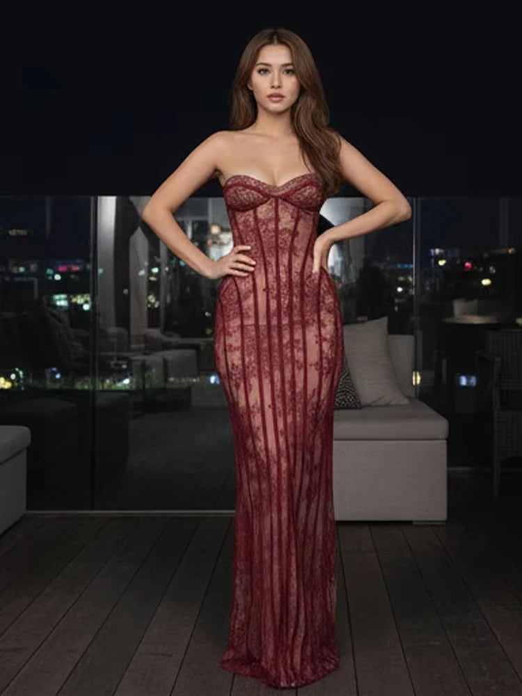 Black/Red Color French Style Chic Gauze  Strapless Sexy Maxi Dress Women Backless Off-Shoulder Waist Cinching Slim Lady Evening Party Gowns