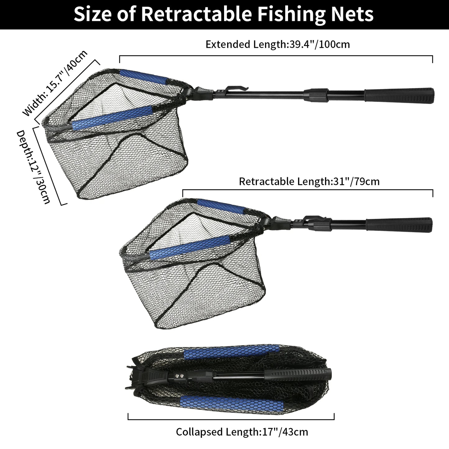 Fishing Landing Net Aluminum Alloy Durable Telescoping Extend to 190cm/130cm/55cm Folding Mesh Safe Fish Catching Releasing Fishing Accessory Sets