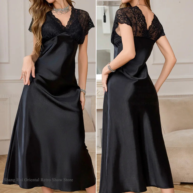 NEW S-XL Black Elegant Long Satin Nightgown Home Clothing New Female Sleepwear Nighty Sexy Perspective Lace Nightdress Satin Loungewear Lingerie