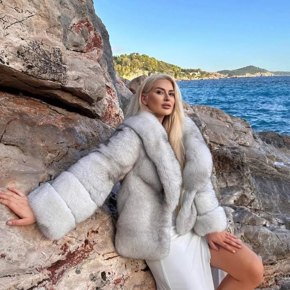 HOT SALE Luxury Women's Ladies Real Fox Fur Coat 100% Original Fox Mink Fur Coat Flip Collar Winter Outdoor Snow Clothes Supplies Evening Wedding Party Business Trip Formal Night Dinner Gifts for Wife Girlfriend Female Luxury