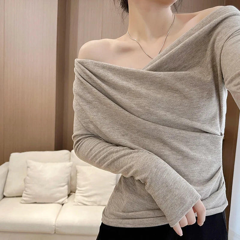 NEW Arrivals S-XL 3 Colors Popular Online Thickened Fleece Long Sleeve Women's Base Shirt Shoulder Bared Oversize Casual Fashion Trend Spring Autumn Ladies Clothes