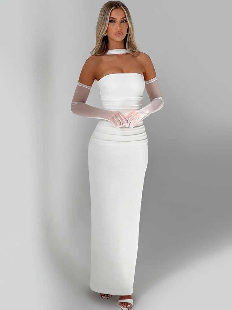 NEW Arrivals UK Size White/Burgundy/Black Color Scarf Collar Strapless Sexy Maxi Dress For Women Fashion Off-Shoulder Backless Bodycon Club Evening  Party Long Dress