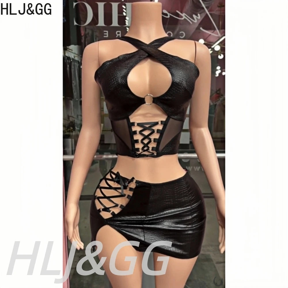 NEW 2 PCS Set Black Sexy Leather Hollow Bandage Women Sleeveless Backless Slim Crop Top And Mini Skirts Night Clubwear Prom Evening Party Outfits