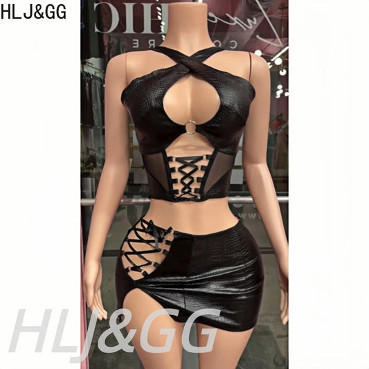 NEW 2 PCS Set Black Sexy Leather Hollow Bandage Women Sleeveless Backless Slim Crop Top And Mini Skirts Night Clubwear Prom Evening Party Outfits