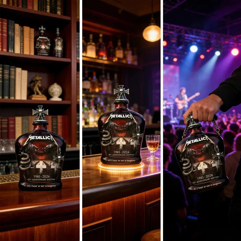 METALLICA 45th Anniversary Limited Edition Whiskey Decanter - Rock Band Collectible Glass Bottle with Skull Cross Decor Gift Bars Pubs Night Club Cava Barware Supplies
