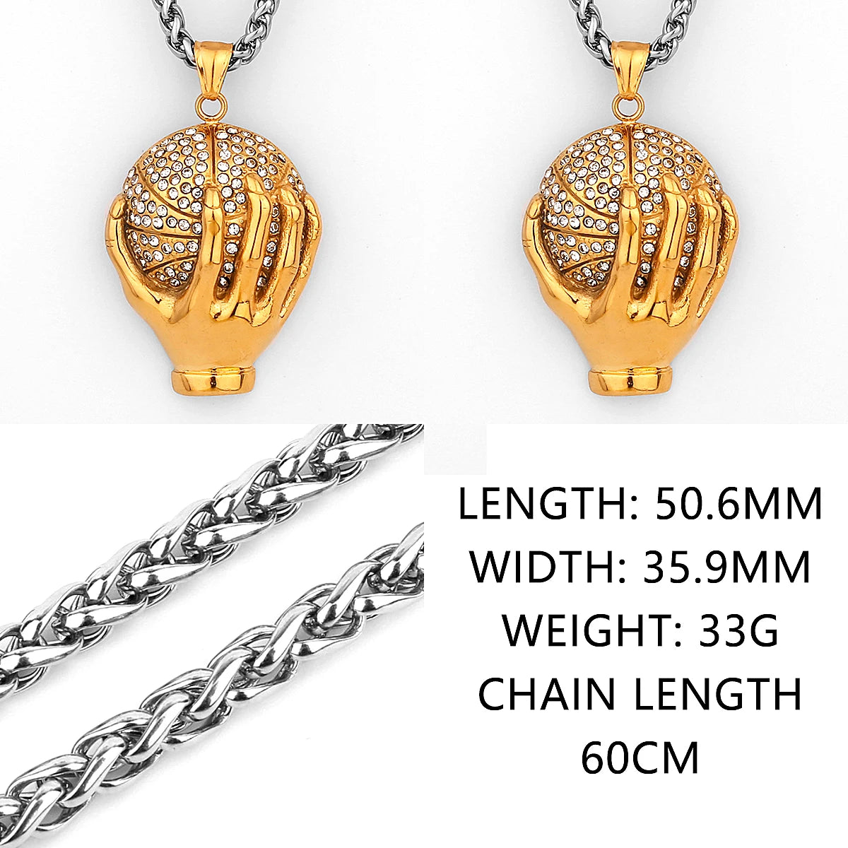 Hip-Hop Trend Golden Hand Basketball Necklace + Chain Stainless Steel Pendant Men's Fashion Street Hip-Hop Rap Male Pendant Necklace Jewelry Accessories