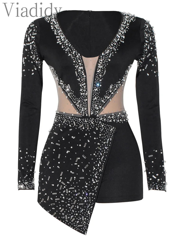 Low-Price Sales are Limited NEW Italian Luxury Women Sexy Black/Red/Blue Rompers V-Neck Mesh Rhinestones Diamonds Collar Skinny Long Sleeve Playsuits Evening Party Night Club Outfit Girls Ladies Luxury Fashion Clothing Suppli