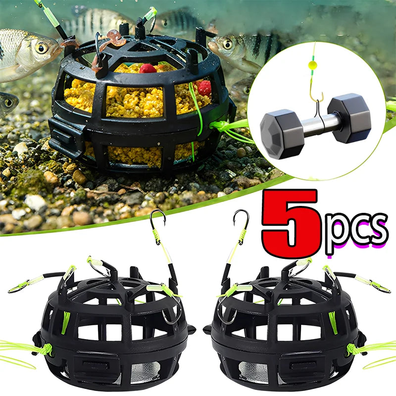 5 PCS Set Anti Current Bait Cage Fish Hook Fishing Accessory Metal Plastic Bait Holder Prevents Wash Away Increases Catch Rate Simple Elegant for Sea Boat River Lakes Fishing Supplies.