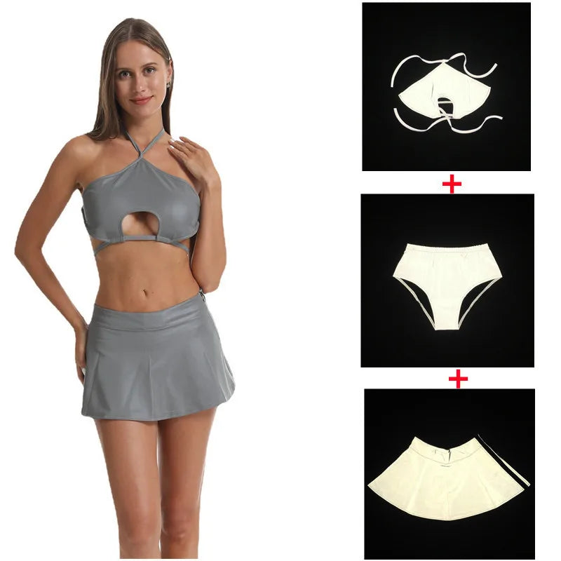 NEW Arrivals Big Save Reflective Lights Bikini Set Women Female Summer Beach Swimwear Evening Beach Festival Rave Party Night Club Dance Fitted 3in1 Bra Triangle and Skirt Tech-Wear Swimsuit Ladies Girls Luxury Fashion Clothi