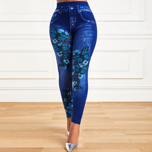 Plus Size Oversized Women High Waist Stretchy Legging Denim Look Skinny Leggings Ladies Fashion Print Pencil Pants Clothing