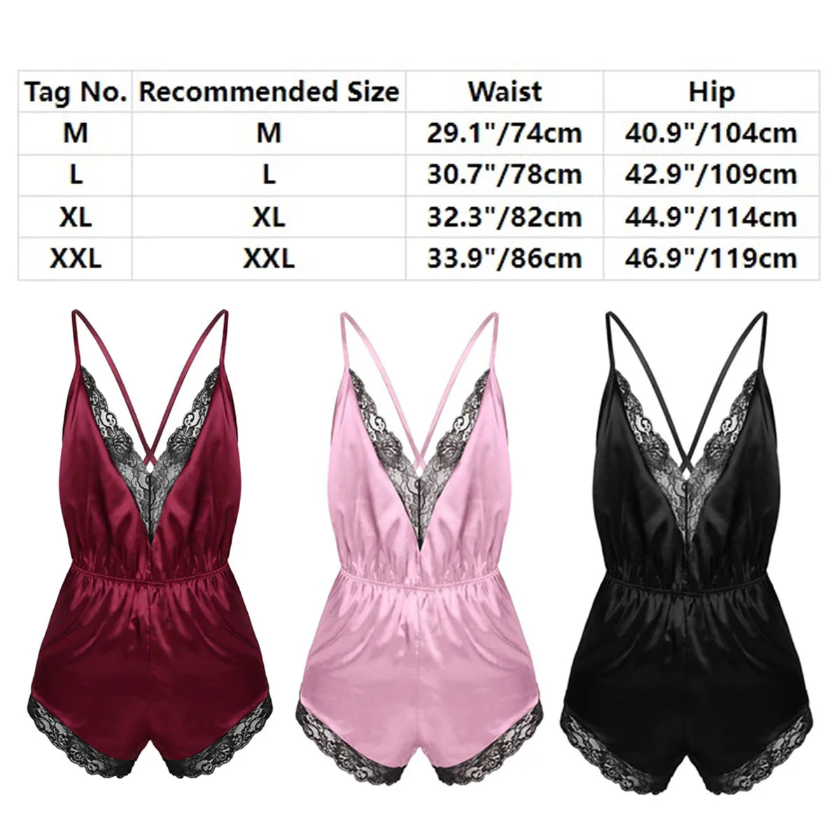 Mens Sissy Satin Bodysuit Jumpsuit Babydoll Lace Cross Criss Back Pajamas Sleepwear Nightwear