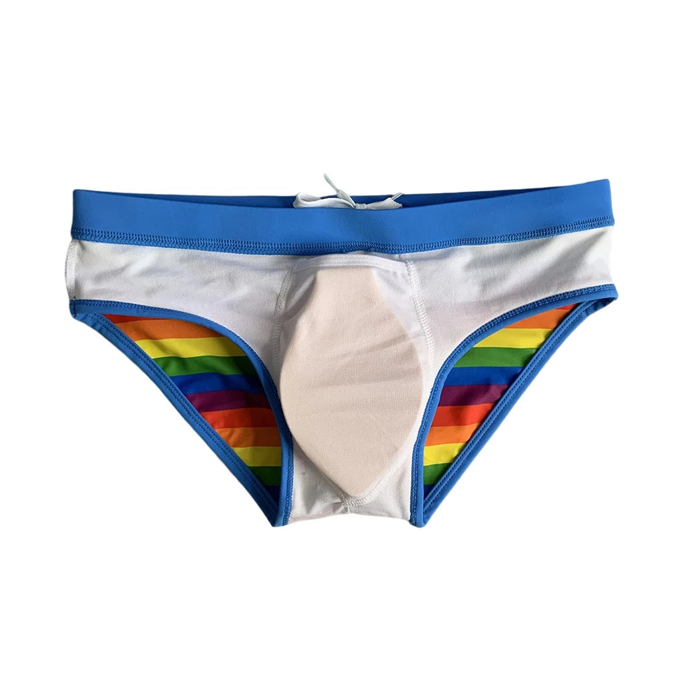 Sexy Low Waist Men Swimwear Rainbow Striped Swim Briefs Summer Europe America Fashion Nylon Pad Push Up Bikini Bathing Suit