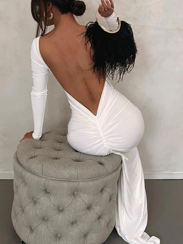 NEW Arrivals UK Size Red/Black/White Color Sexy Deep V Backless Pleating Slim Bodycon Long Dress Women Long Sleeved Solid Color Maxi Dress Evening Club Party