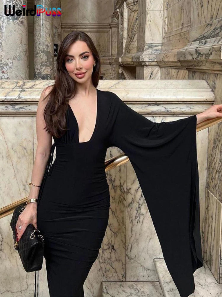 Weird Puss Backless Bandage Women Hip Dress v Neck One Shoulder Ruffles Bodycon 2023 Ladies Fashion Party Stage Performance Wear