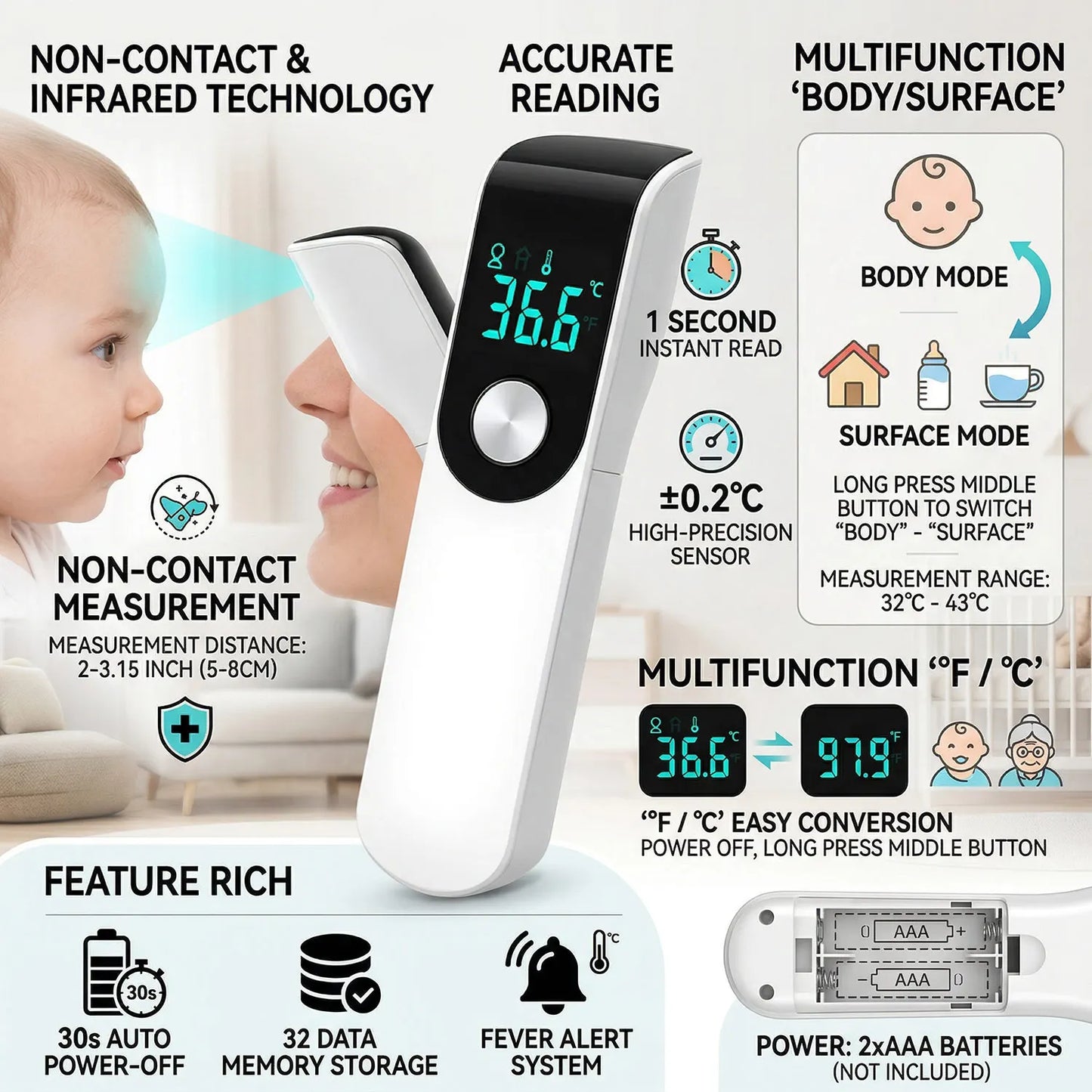 Non-Contact Laser Body Temperature Ear Thermometer Infrared Fever Thermometer Digital LCD Infant Adult Finger Pulse Oximeter Health Care Supplies