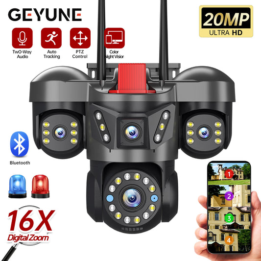 NEW 10K 20MP UHD Outdoor Wi-Fi IP Camera 16X Zoom 4 Lens 4 Screens Ai Auto Tracking Security Protection PTZ CCTV Video Surveillance Home Office Factory Security Systems