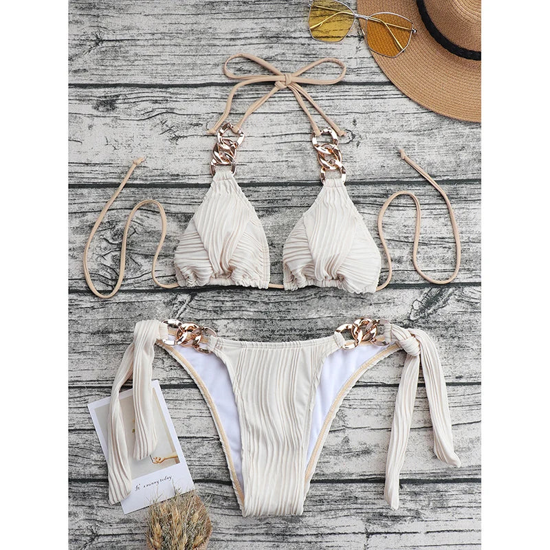 NEW Arrivals 2PCS Set  8 Colors Sexy String Halter Bikinis Solid Swimsuit New Chain Linked Swimwear Women Chain Strappy Bathing Suit Girls Ladies Sexy Beach Swimsuit